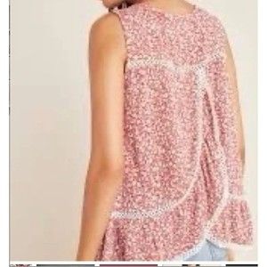 Maeve Quinn Top Red & White Floral Crochet Trim Ruffled Hem Layer Openback XS